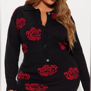 Fashion Nova SET Skirt & Sweater! Black Red Rose, size 2XL